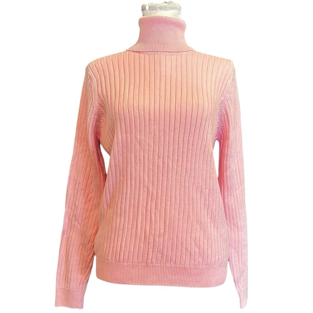 Vintage 80s Pink Ribbed Turtleneck Sweater Sz M - Picture 2 of 16